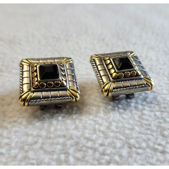 Vintage Signed DP Silver Tone Gold Tone Earrings Chunky Square Black Stone - Picture 3 of 9